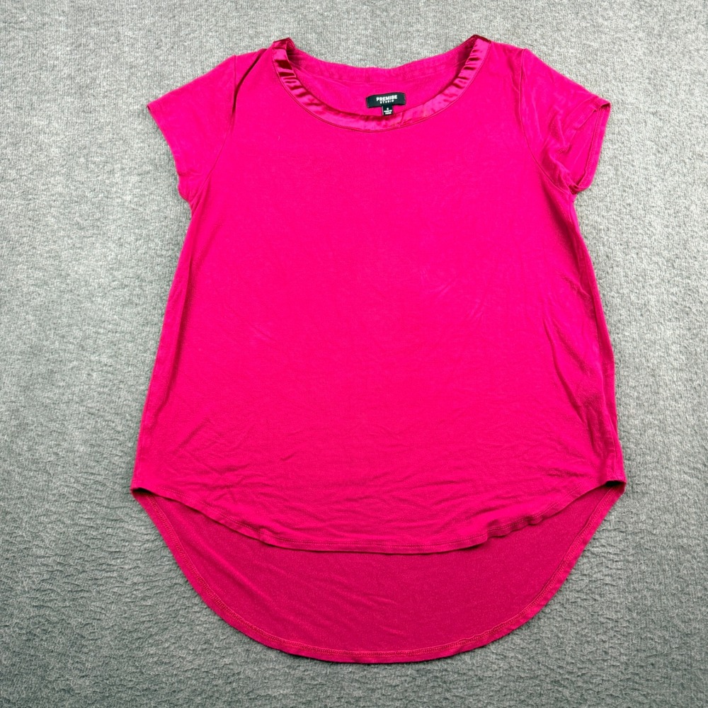 Premise Studio Women's S Small Fuchsia Pink Satin Trim High Low Pleated Back Top